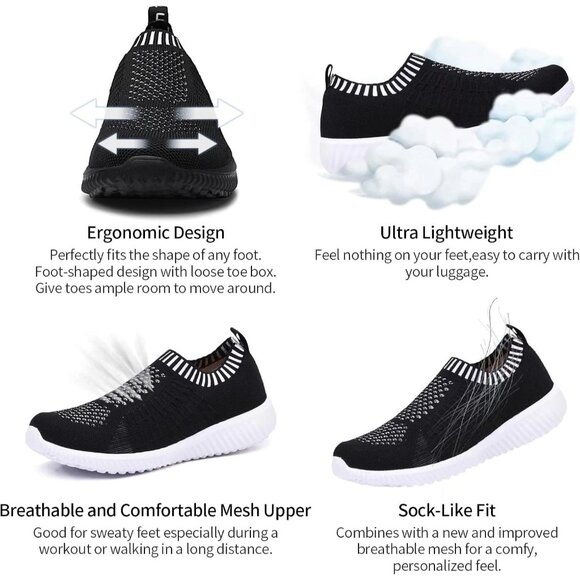 Women's Black Athletic Walking Casual Mesh-Comfortable Tennis Workout Sneakers - Picture 7 of 8